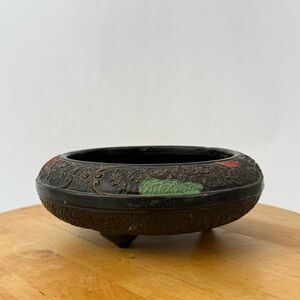 Vintage Tokanabe Ware Japanese Black Pottery Art Footed Bowl Ikebana Planter